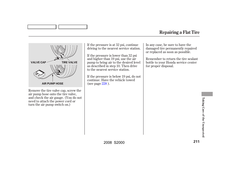 Repairing a flat tire | HONDA 2008 S2000 User Manual | Page 214 / 268