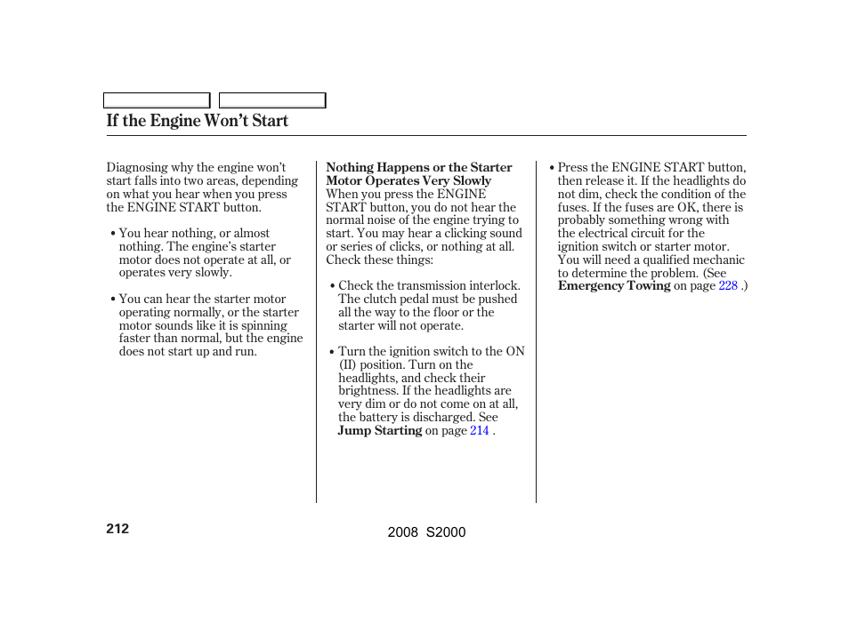 If the engine won’t start | HONDA 2008 S2000 User Manual | Page 215 / 268