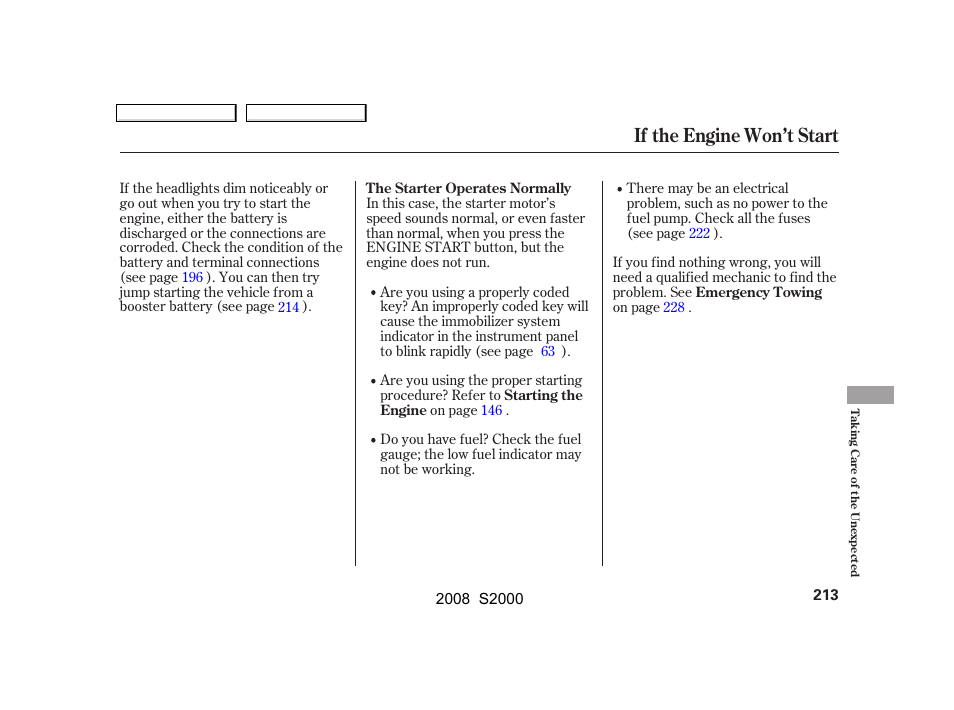 If the engine won’t start | HONDA 2008 S2000 User Manual | Page 216 / 268