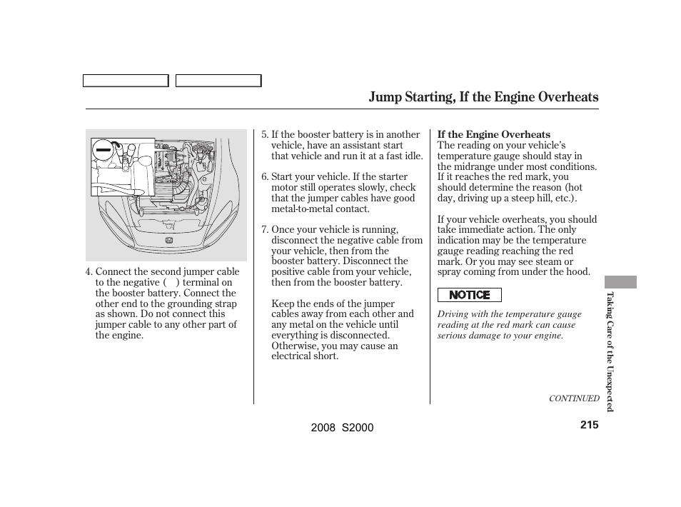 Jump starting, if the engine overheats | HONDA 2008 S2000 User Manual | Page 218 / 268