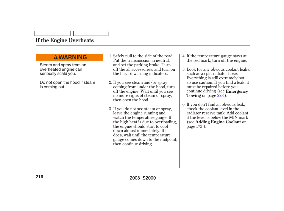 If the engine overheats | HONDA 2008 S2000 User Manual | Page 219 / 268