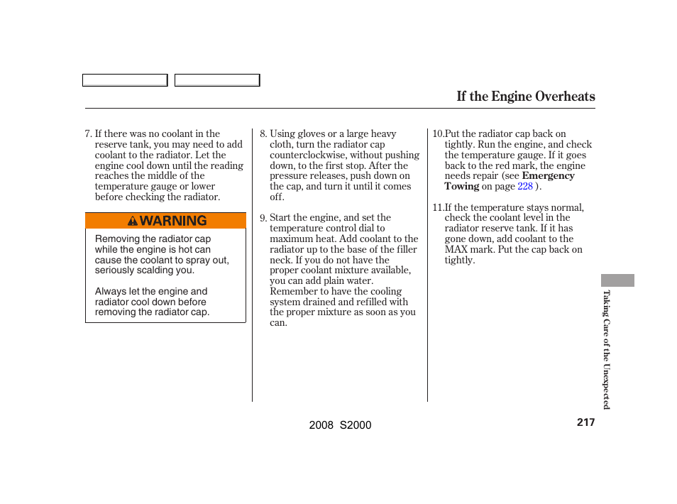 If the engine overheats | HONDA 2008 S2000 User Manual | Page 220 / 268