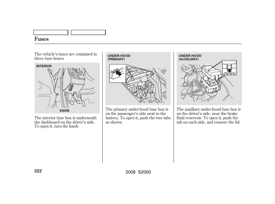 Fuses | HONDA 2008 S2000 User Manual | Page 225 / 268