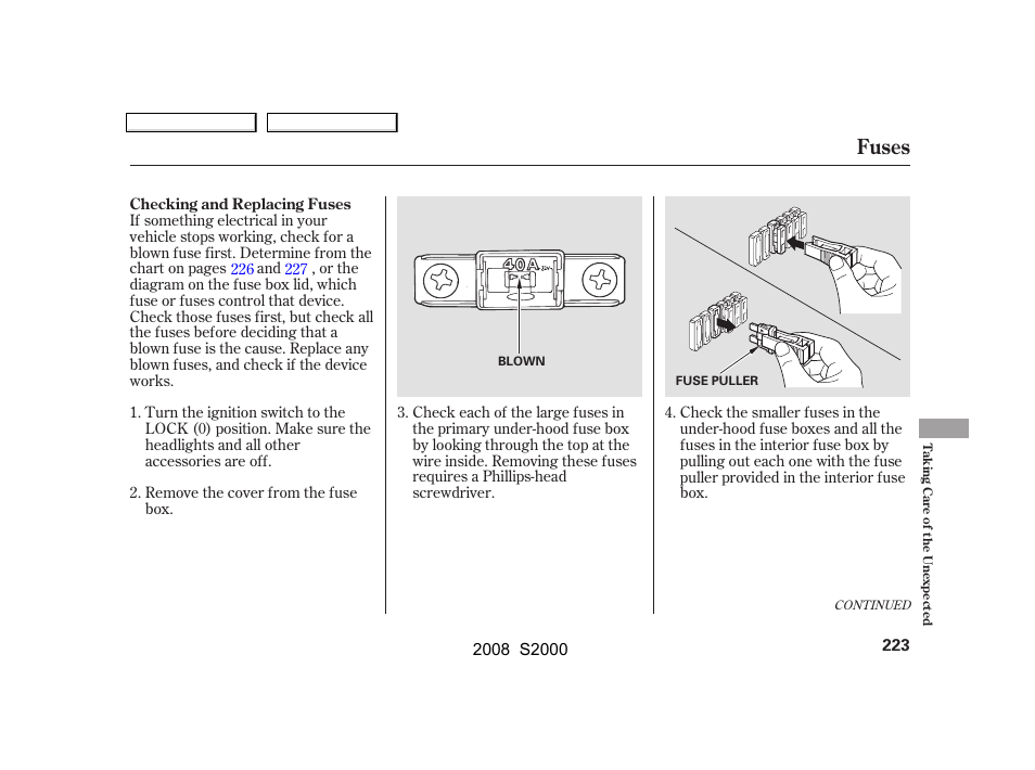 Fuses | HONDA 2008 S2000 User Manual | Page 226 / 268