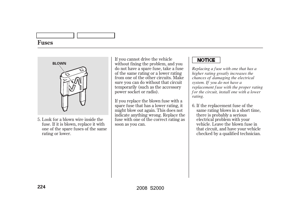 Fuses | HONDA 2008 S2000 User Manual | Page 227 / 268