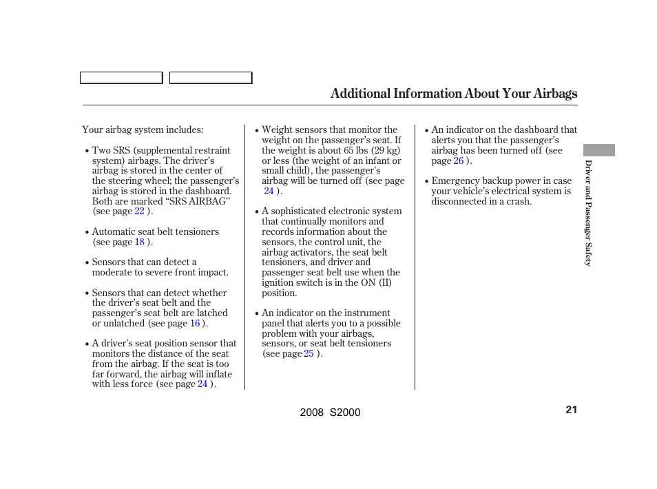 Additional information about your airbags | HONDA 2008 S2000 User Manual | Page 24 / 268