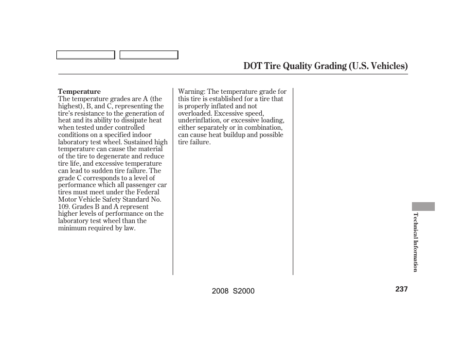 Dot tire quality grading (u.s. vehicles) | HONDA 2008 S2000 User Manual | Page 240 / 268