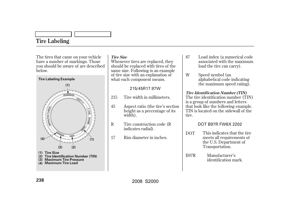 Tire labeling | HONDA 2008 S2000 User Manual | Page 241 / 268