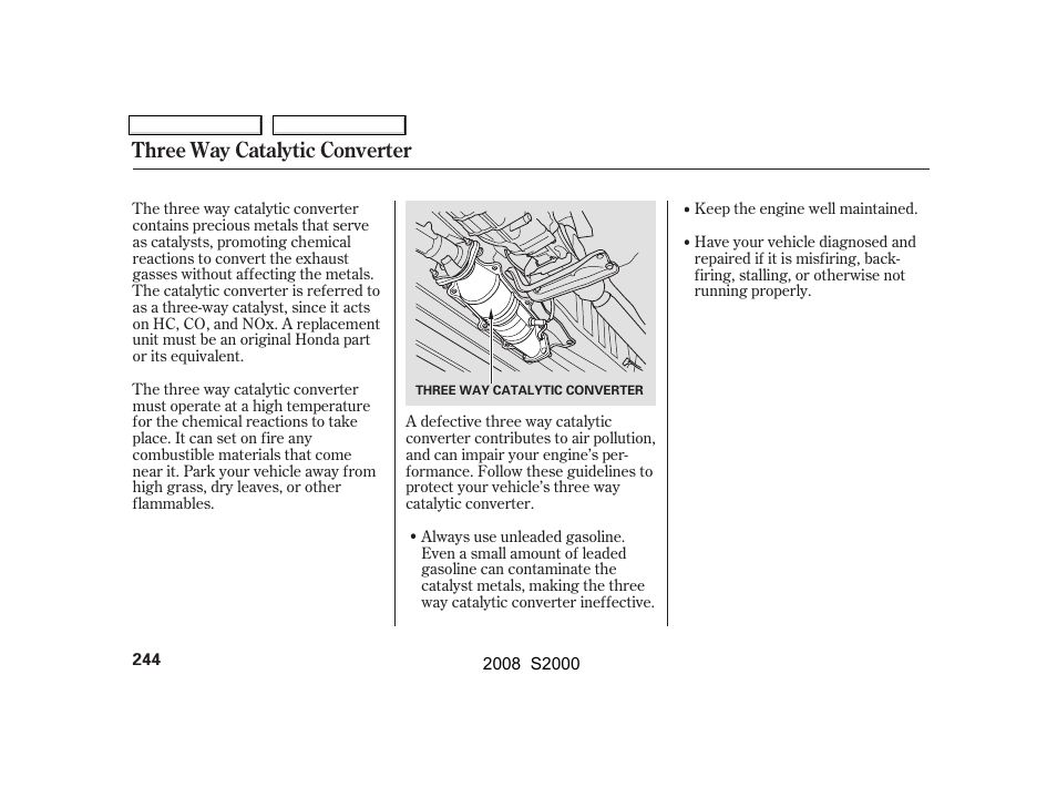 Three way catalytic converter | HONDA 2008 S2000 User Manual | Page 247 / 268