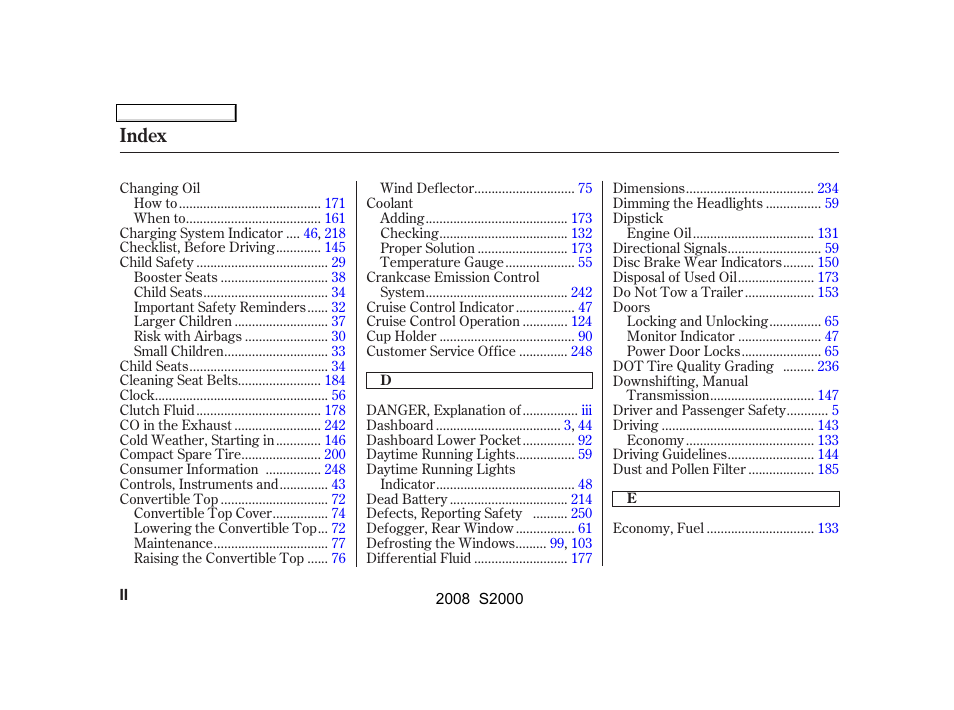 Index | HONDA 2008 S2000 User Manual | Page 257 / 268