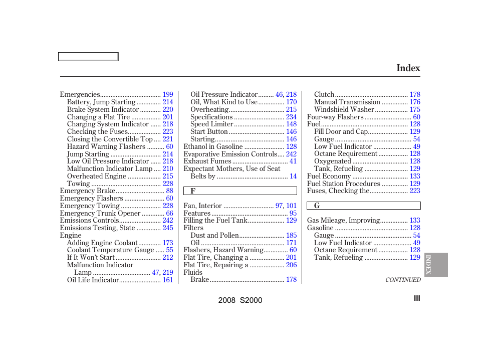 Index | HONDA 2008 S2000 User Manual | Page 258 / 268