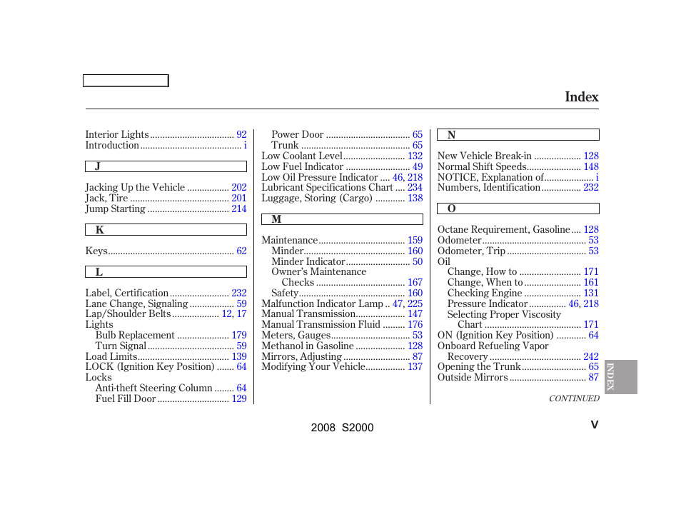 Index | HONDA 2008 S2000 User Manual | Page 260 / 268