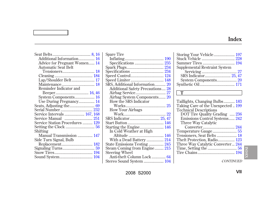 Index | HONDA 2008 S2000 User Manual | Page 262 / 268