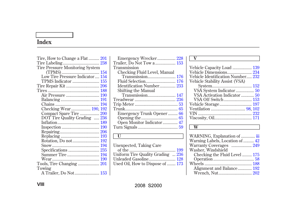 Index | HONDA 2008 S2000 User Manual | Page 263 / 268