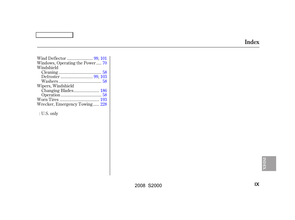 Index | HONDA 2008 S2000 User Manual | Page 264 / 268