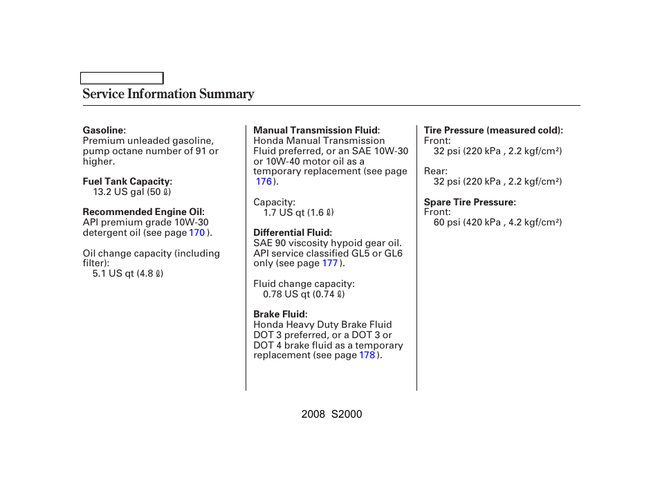 Service information summary | HONDA 2008 S2000 User Manual | Page 267 / 268