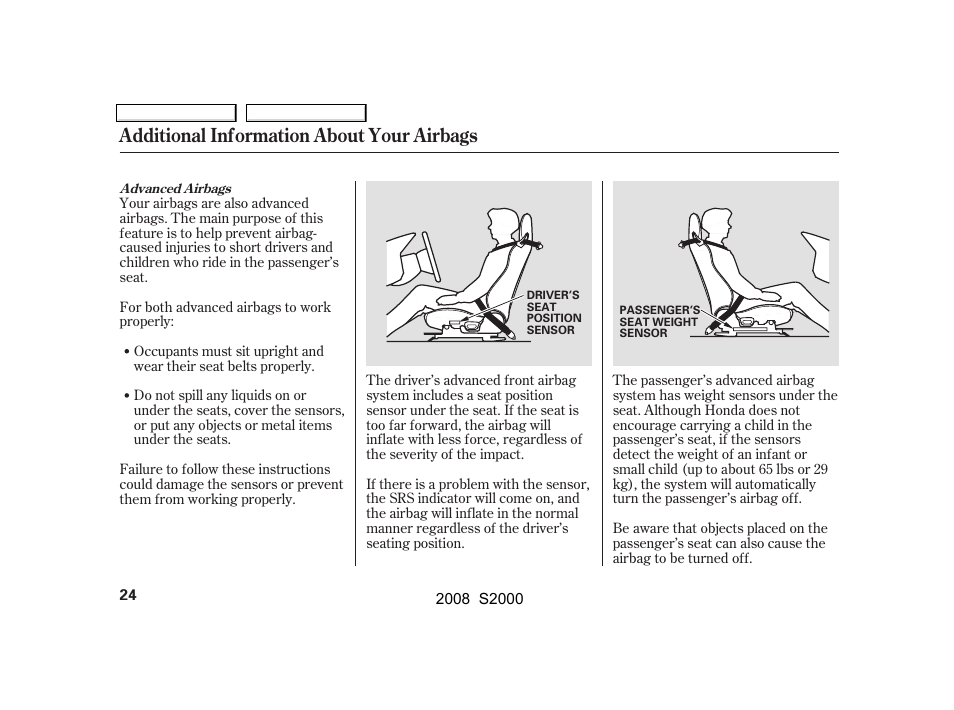 Additional information about your airbags | HONDA 2008 S2000 User Manual | Page 27 / 268