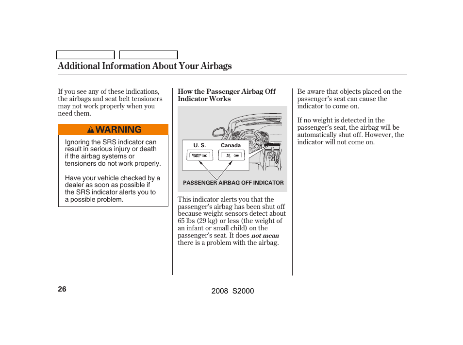 Additional information about your airbags | HONDA 2008 S2000 User Manual | Page 29 / 268