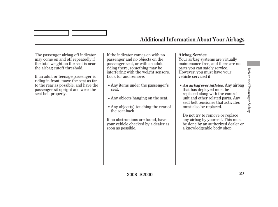 Additional information about your airbags | HONDA 2008 S2000 User Manual | Page 30 / 268