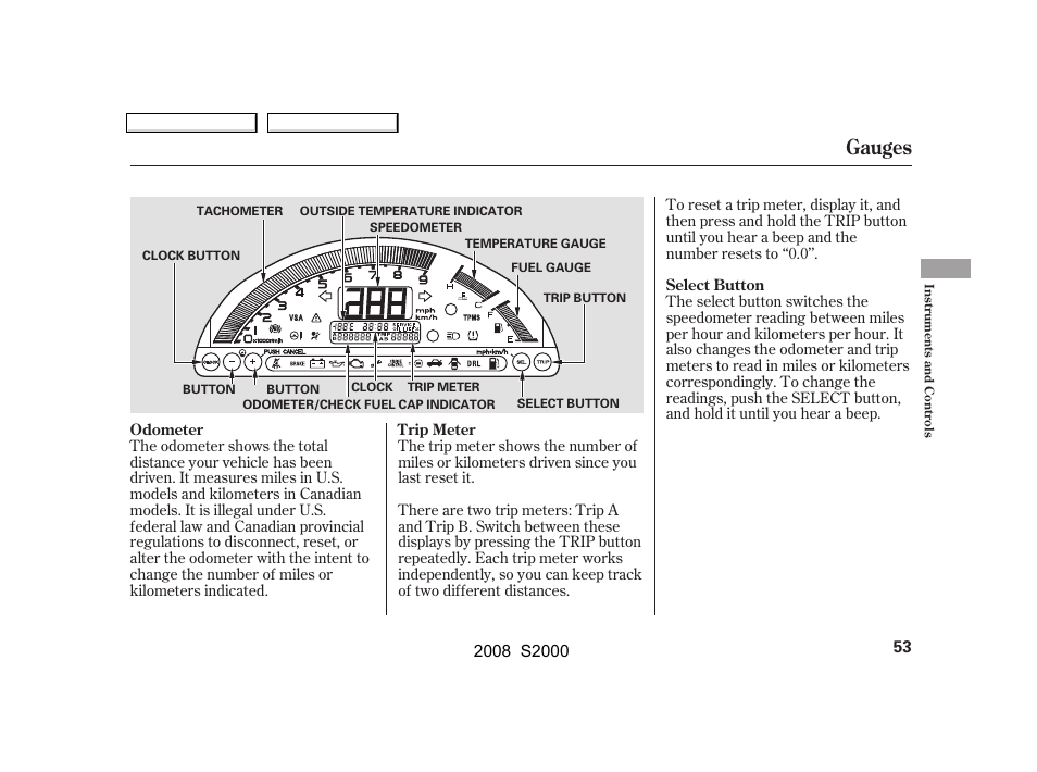 Gauges | HONDA 2008 S2000 User Manual | Page 56 / 268