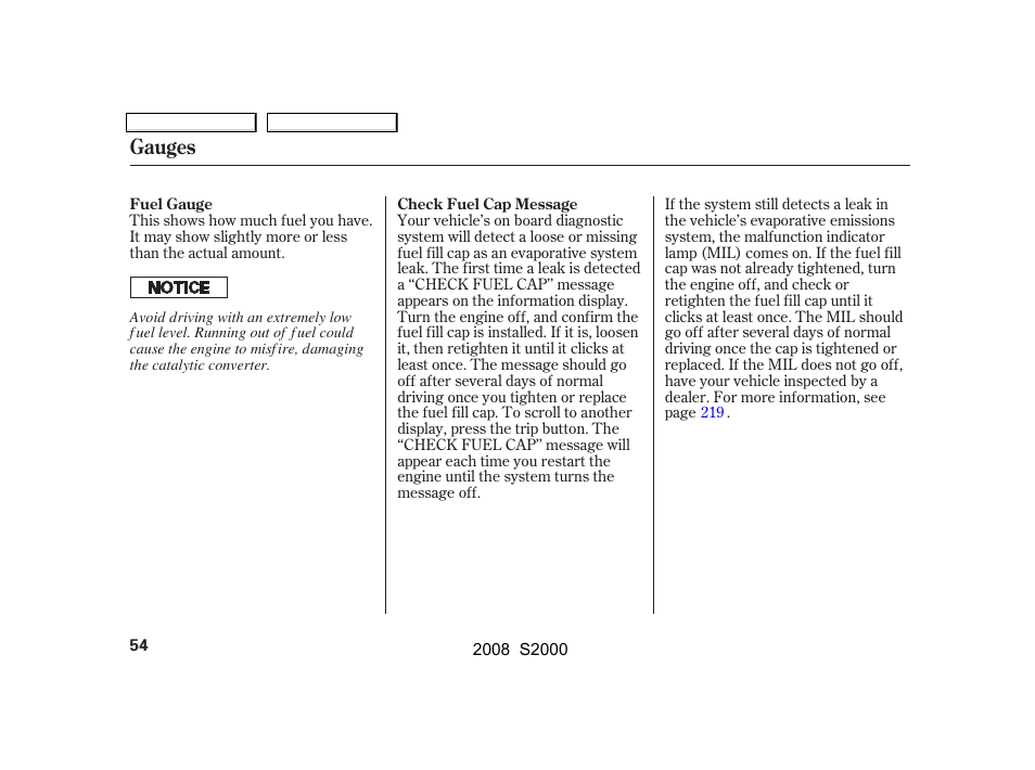 Gauges | HONDA 2008 S2000 User Manual | Page 57 / 268