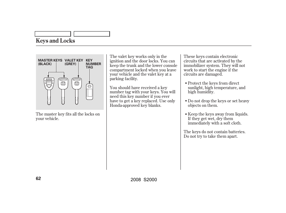 Keys and locks | HONDA 2008 S2000 User Manual | Page 65 / 268