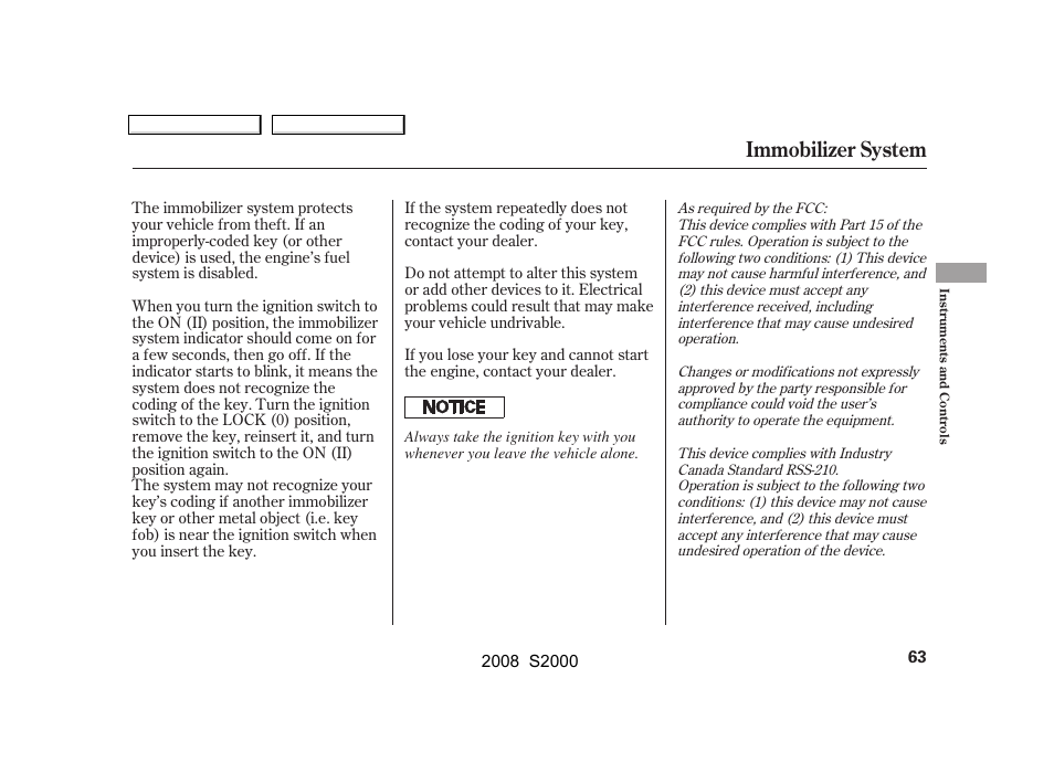 Immobilizer system | HONDA 2008 S2000 User Manual | Page 66 / 268