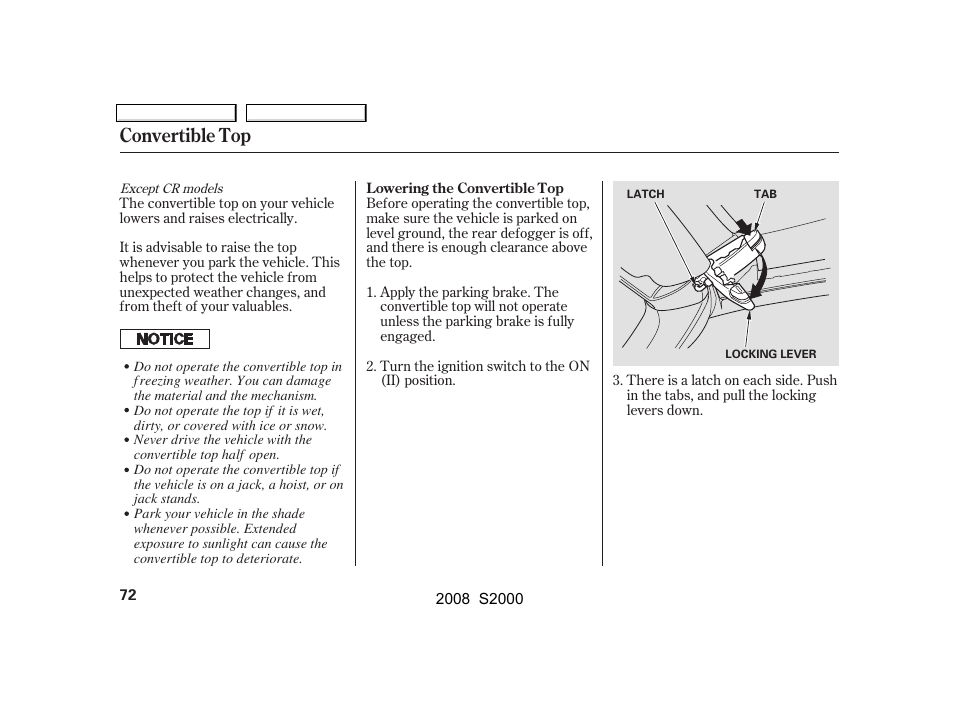 Convertible top | HONDA 2008 S2000 User Manual | Page 75 / 268