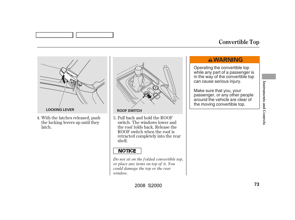 Convertible top | HONDA 2008 S2000 User Manual | Page 76 / 268