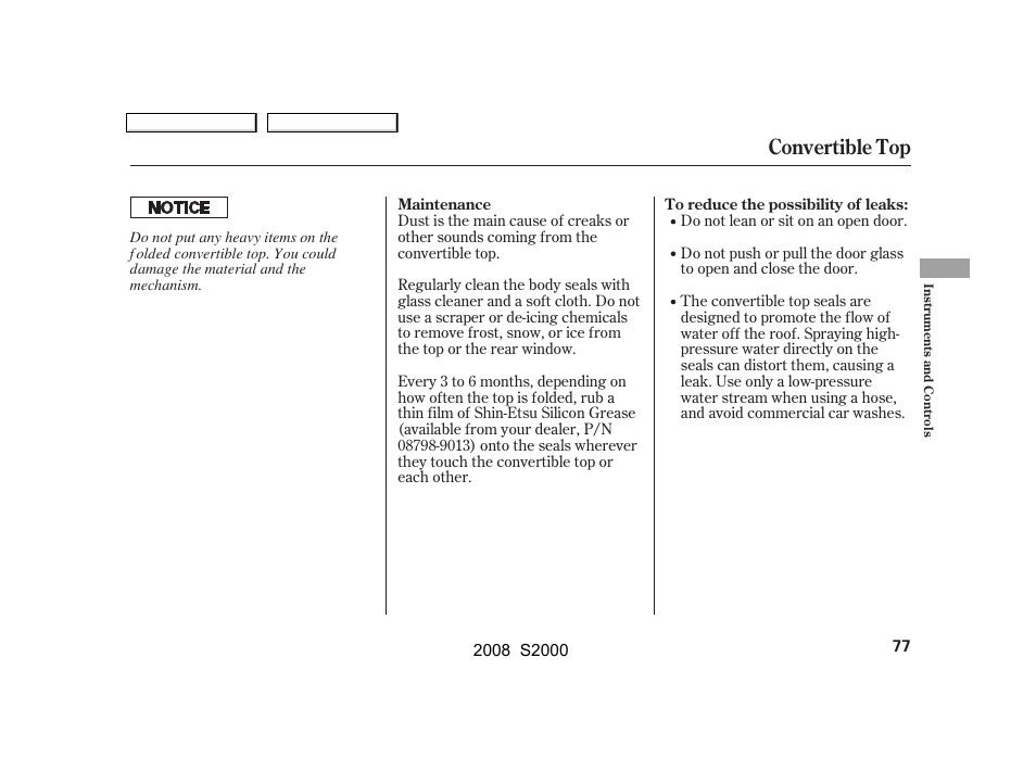 Convertible top | HONDA 2008 S2000 User Manual | Page 80 / 268