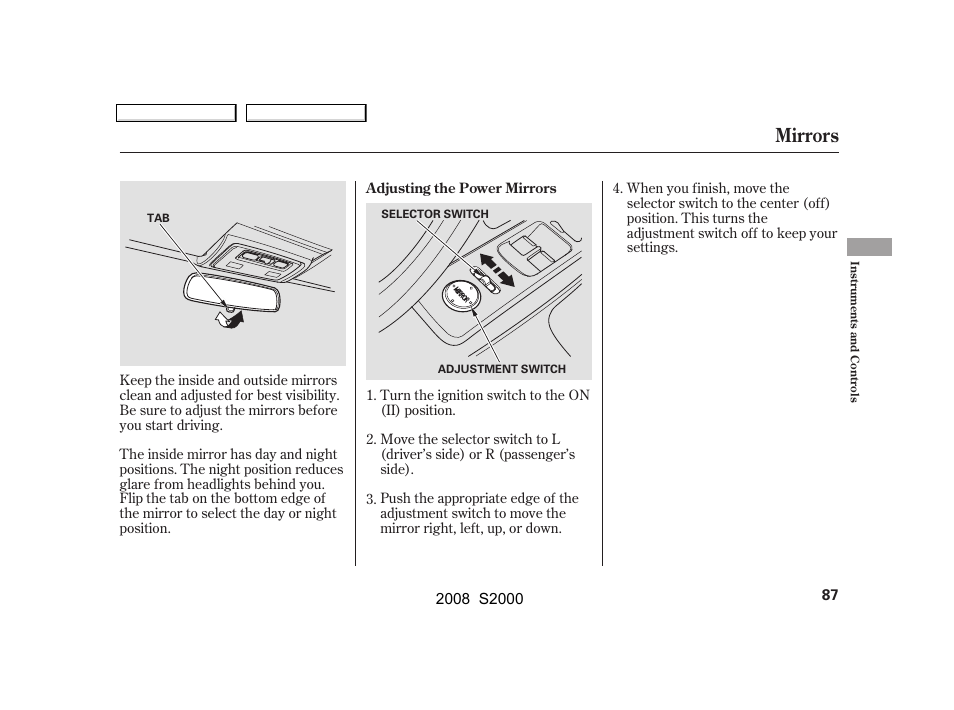 Mirrors | HONDA 2008 S2000 User Manual | Page 90 / 268