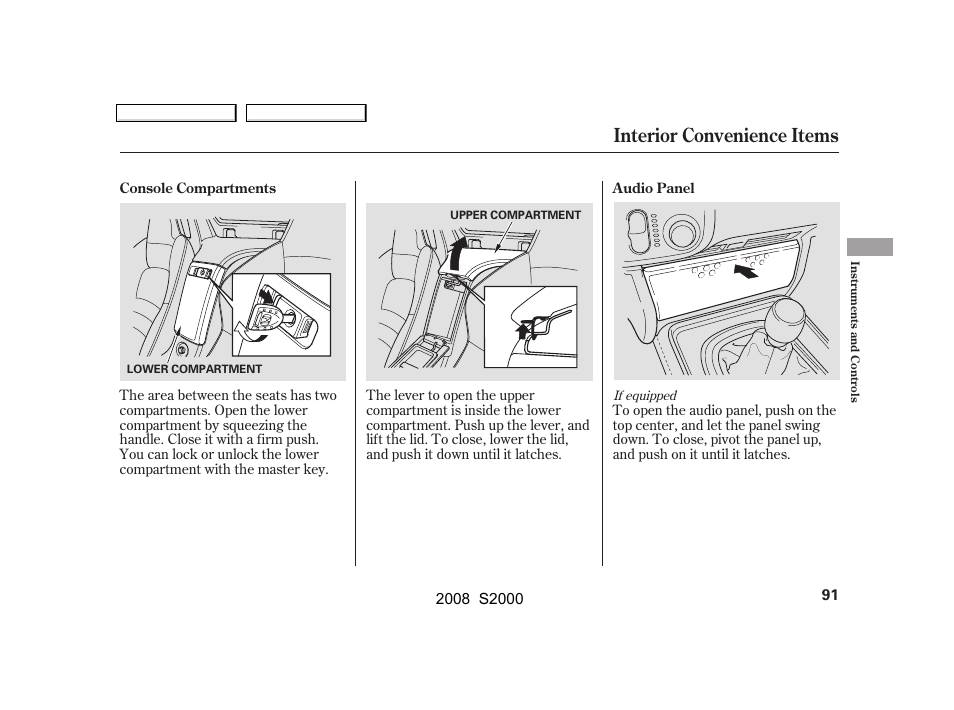 Interior convenience items | HONDA 2008 S2000 User Manual | Page 94 / 268