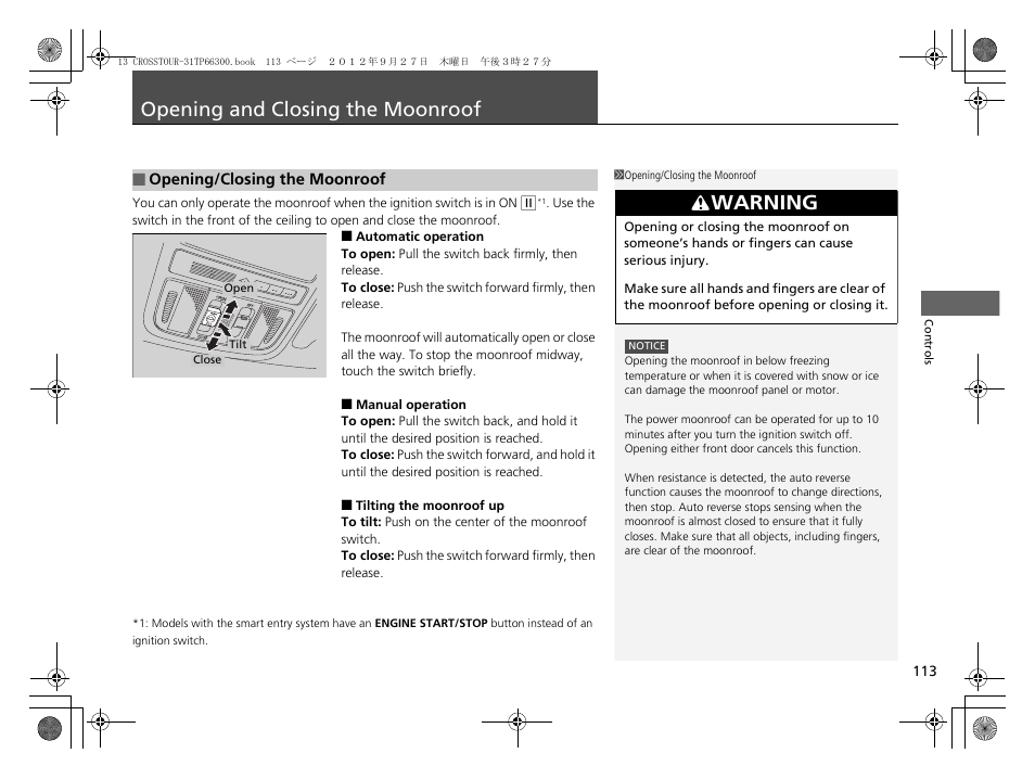 Opening and closing the moonroof p. 113, P113, Opening and closing the moonroof | Warning | HONDA 2013 Accord Crosstour User Manual | Page 115 / 571