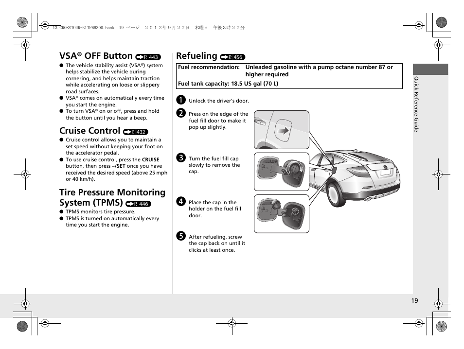 Vsa® off button, Cruise control, Tire pressure monitoring system (tpms) | Refueling | HONDA 2013 Accord Crosstour User Manual | Page 21 / 571