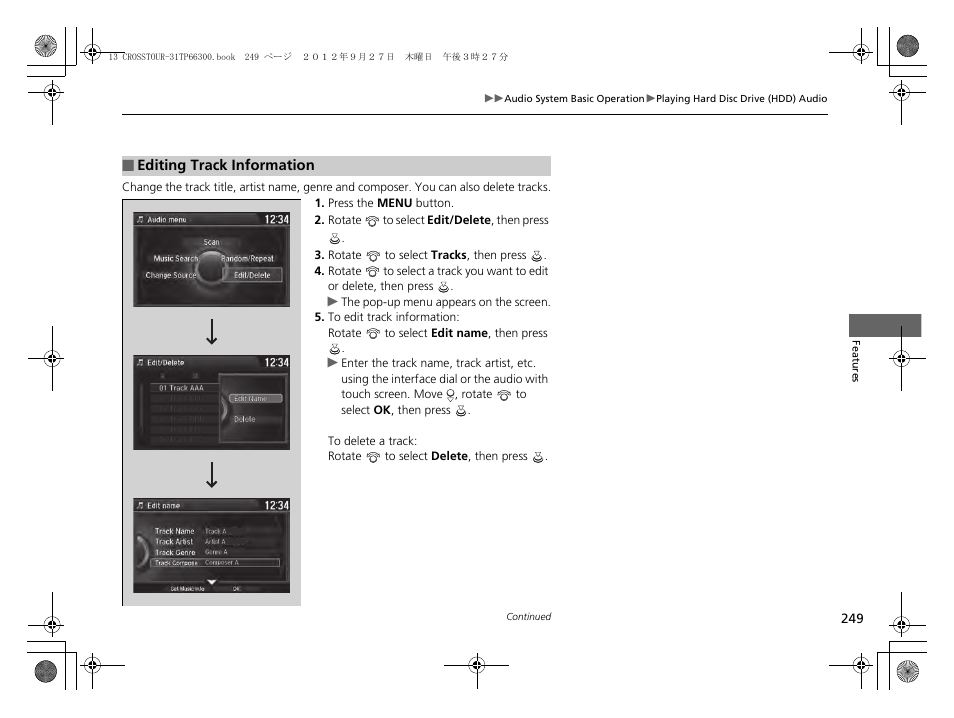 Editing track information p. 249 | HONDA 2013 Accord Crosstour User Manual | Page 251 / 571