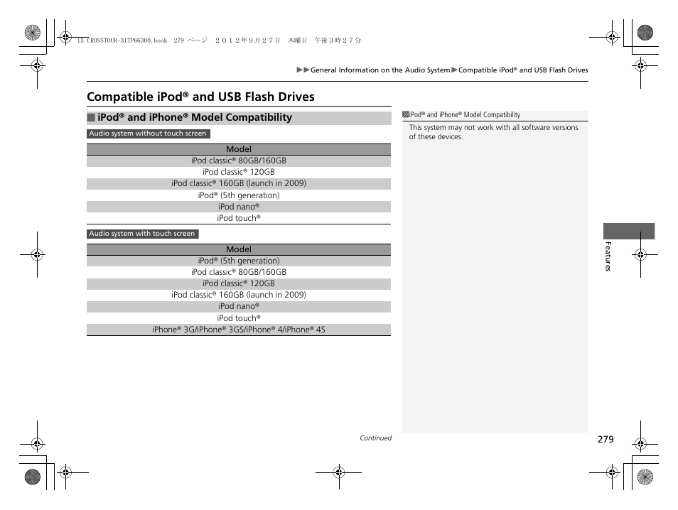Compatible ipod® and usb flash drives | HONDA 2013 Accord Crosstour User Manual | Page 281 / 571