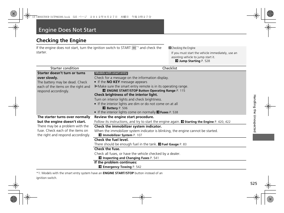 Engine does not start p, P 525), Engine does not start | Checking the engine | HONDA 2013 Accord Crosstour User Manual | Page 527 / 571