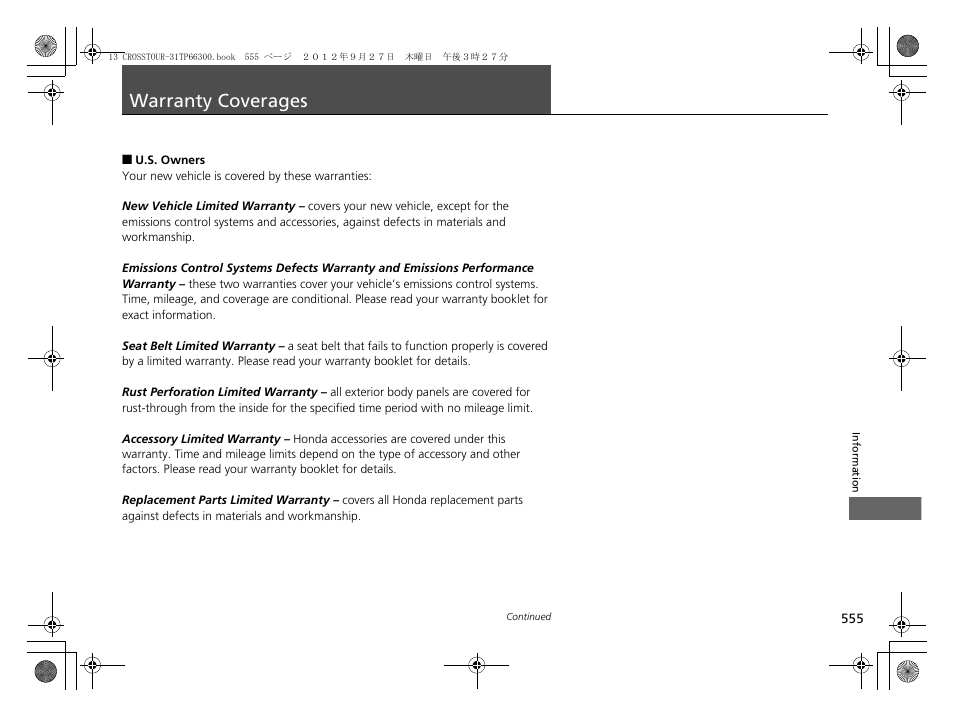 Warranty coverages | HONDA 2013 Accord Crosstour User Manual | Page 557 / 571