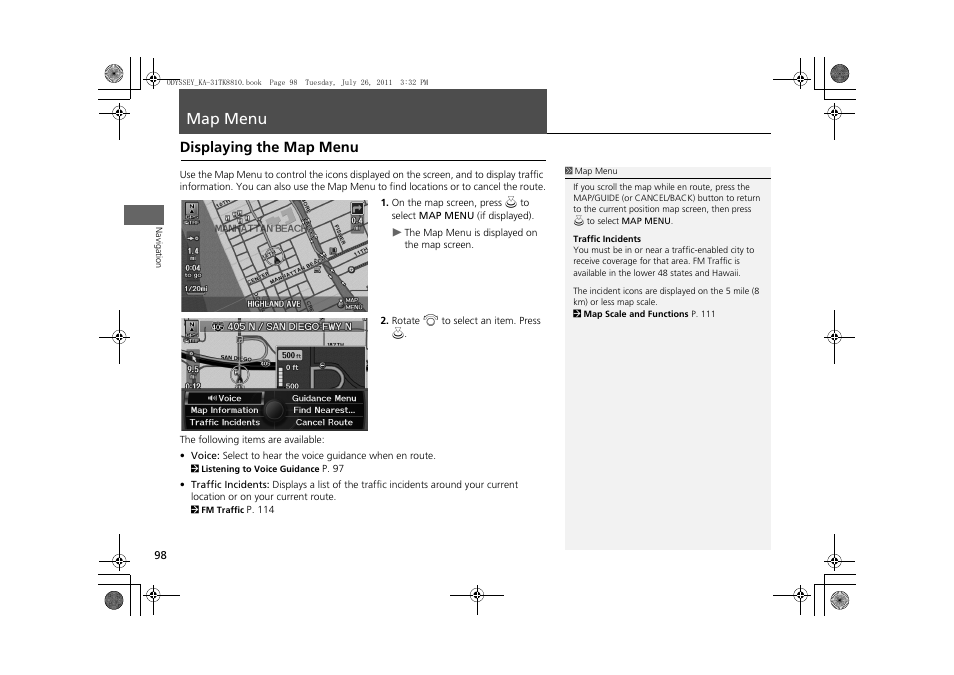 Map menu 98, P98), Map menu | Displaying the map menu | HONDA 2012 Odyssey Navigation User Manual | Page 100 / 267