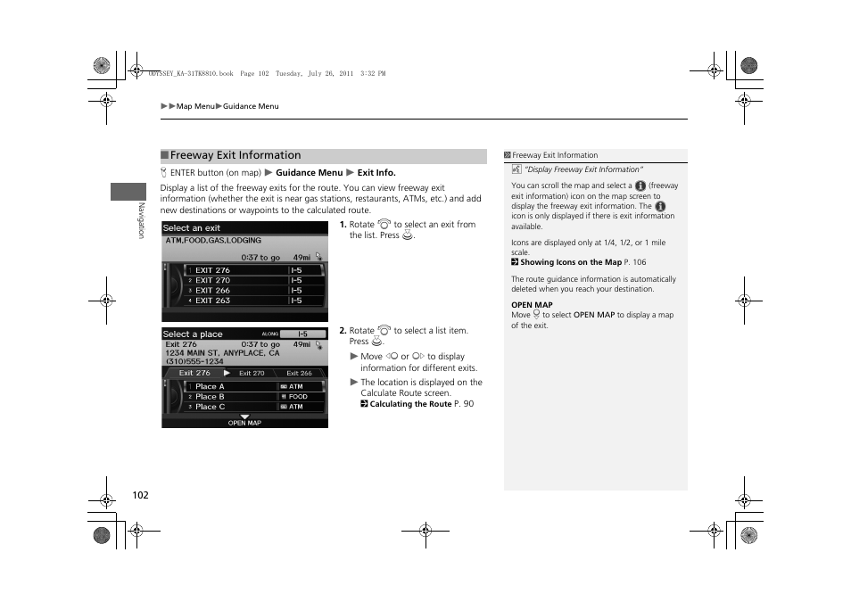 Freeway exits, 2 freeway exit information, P. 102 | HONDA 2012 Odyssey Navigation User Manual | Page 104 / 267