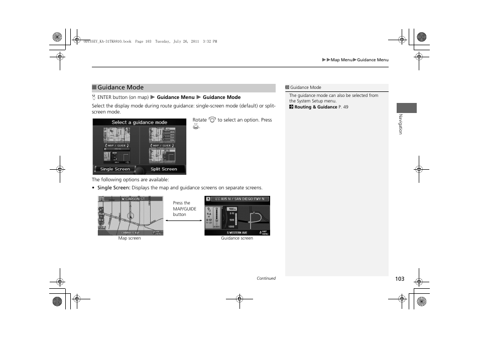 P103), Guidance screen, 2 guidance mode | P. 103, 2 guidance mode p. 103 | HONDA 2012 Odyssey Navigation User Manual | Page 105 / 267