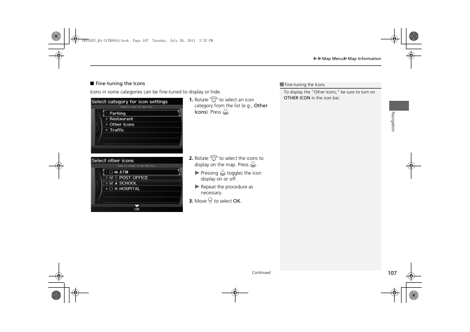 2 fine-tuning the icons, P. 107 | HONDA 2012 Odyssey Navigation User Manual | Page 109 / 267