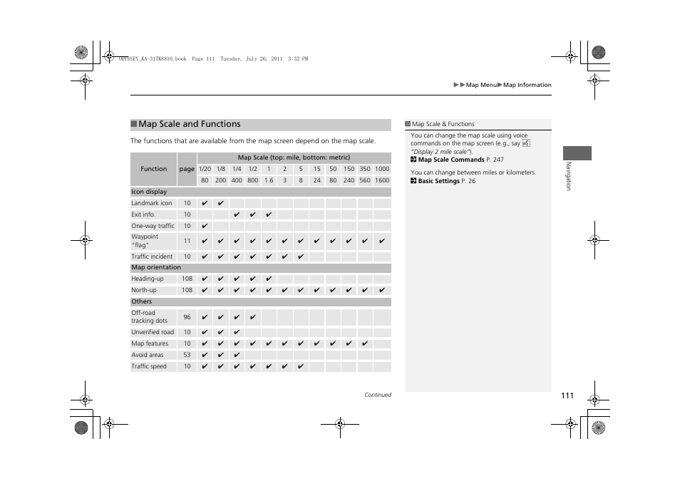 P111), 2 map scale and functions p. 111 | HONDA 2012 Odyssey Navigation User Manual | Page 113 / 267