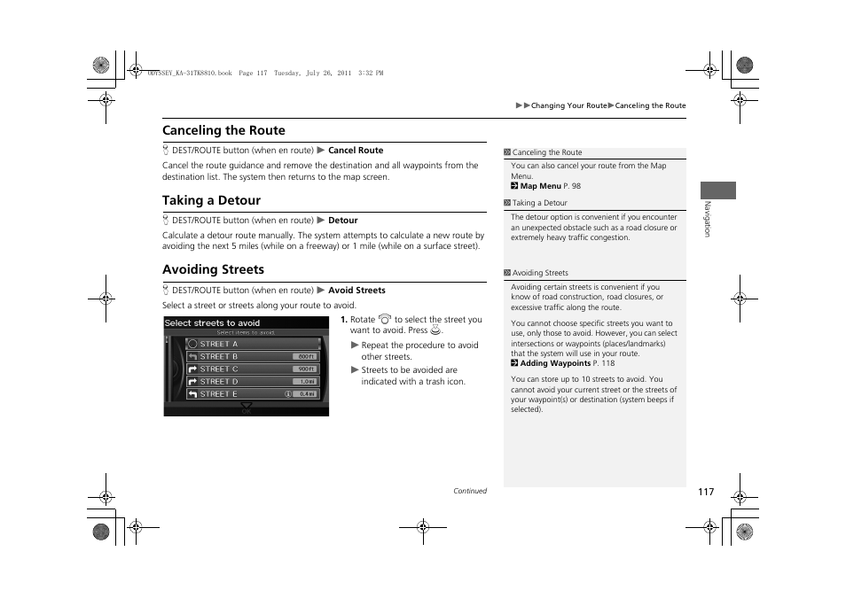 P117), 2 avoiding streets p. 117, 2 canceling the route | P. 117, 2 taking a detour, Our route, 2 avoiding streets, Canceling the route, Taking a detour, Avoiding streets | HONDA 2012 Odyssey Navigation User Manual | Page 119 / 267
