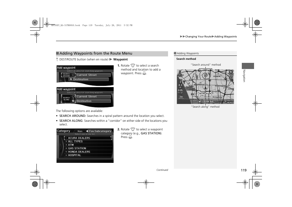 2 adding waypoints from the route menu, P. 119 | HONDA 2012 Odyssey Navigation User Manual | Page 121 / 267