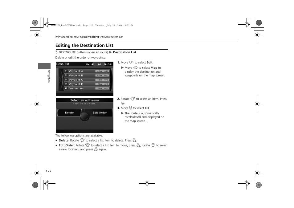 Editing the destination list, 2 editing the destination list p. 122, 2 editing the destination list | P. 122 | HONDA 2012 Odyssey Navigation User Manual | Page 124 / 267