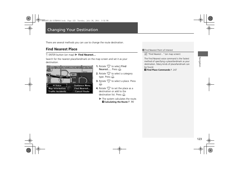 Changing your destination 123, P123), Changing your destination | Find nearest place, 2 changing your destination, P. 123 | HONDA 2012 Odyssey Navigation User Manual | Page 125 / 267