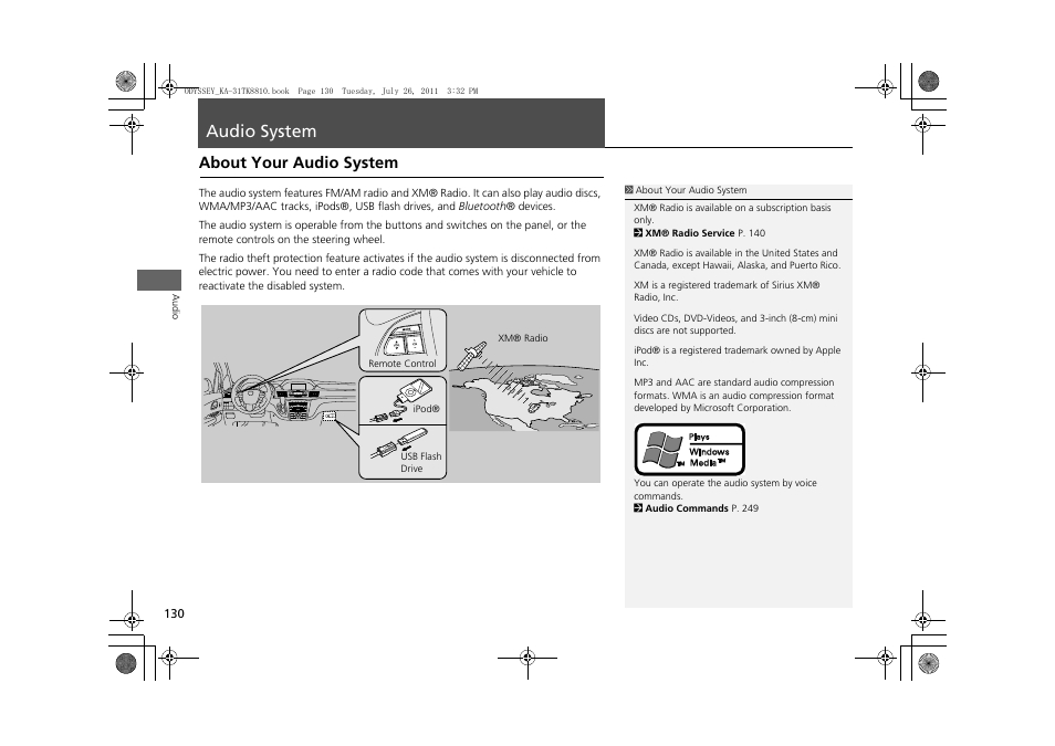 Audio system 130, Audio system, About your audio system | HONDA 2012 Odyssey Navigation User Manual | Page 132 / 267