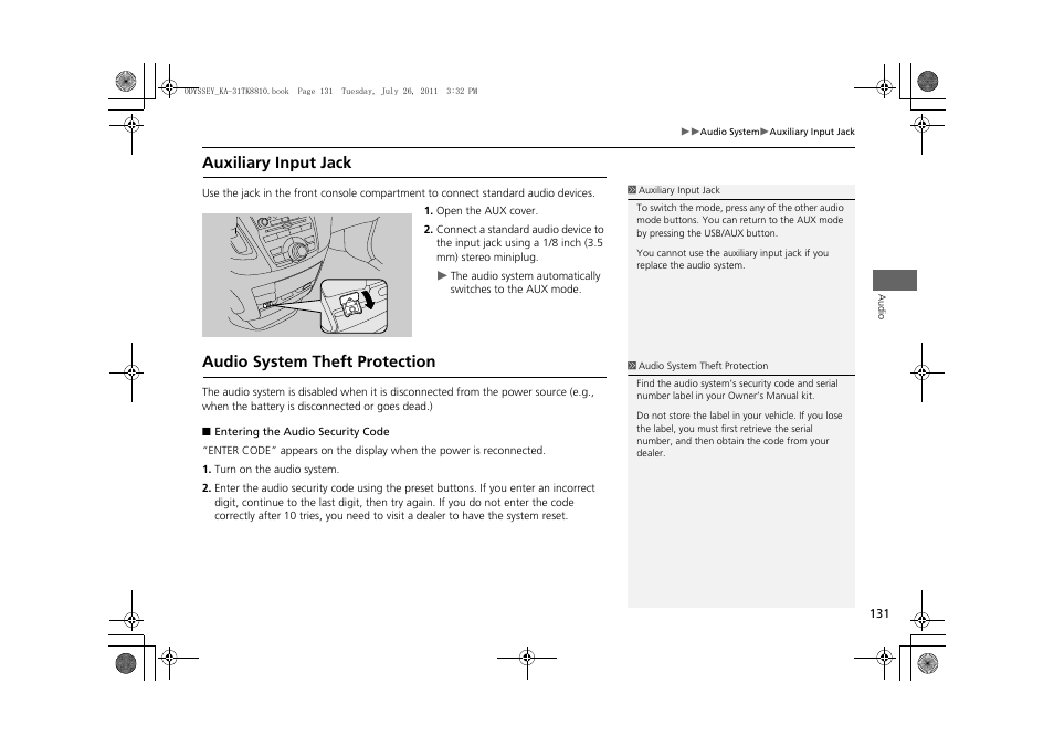 Auxiliary input jack audio system theft protection, Auxiliary input jack, Audio system theft protection | HONDA 2012 Odyssey Navigation User Manual | Page 133 / 267