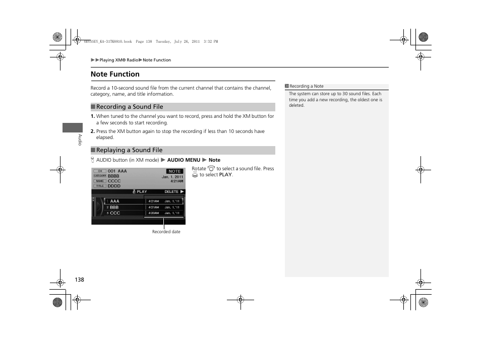 Note function, 2 note function, P. 138 | HONDA 2012 Odyssey Navigation User Manual | Page 140 / 267